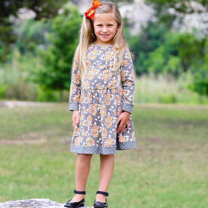 AnnLoren Girls Boutique Grey Peach Shabby Fall Floral Long Sleeve Cotton Dress alternate image
