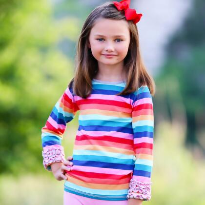 AnnLoren Baby Big Girls Boutique Long Sleeve Rainbow Ruffle Layering T-shirt alternate image