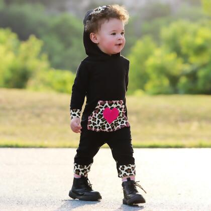 AnnLoren Girls Long Sleeve Leopard Heart Baby Toddler Romper Hoodie One Piece alternate image