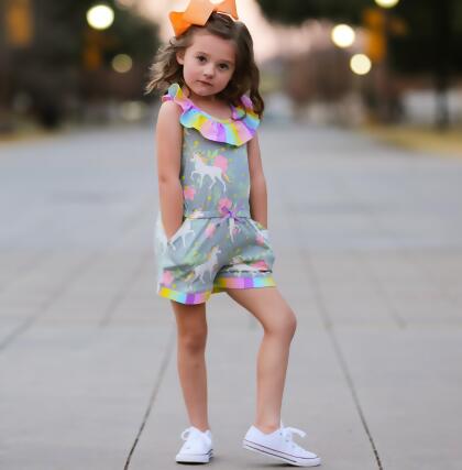 AnnLoren Little Big Girls Jumpsuit Magical Unicorn Rainbows Spring One Pc Boutique Clothing alternate image