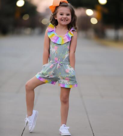 AnnLoren Little Big Girls Jumpsuit Magical Unicorn Rainbows Spring One Pc Boutique Clothing alternate image