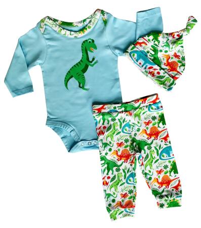 AnnLoren Baby Layette Boys Dinosaur Long Sleeve Onesie Pants Cap 3pc Gift Set alternate image