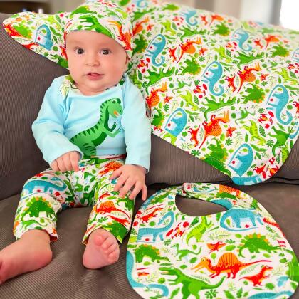 AnnLoren Baby Layette Boys Dinosaur Long Sleeve Onesie Pants Cap 3pc Gift Set alternate image