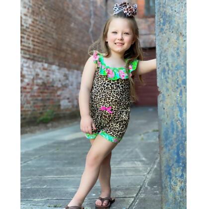 AnnLoren Girls Leopard Floral Summer Shorts Jumpsuit alternate image