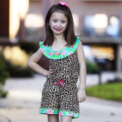 AnnLoren Girls Leopard Floral Summer Shorts Jumpsuit alternate image