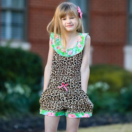 AnnLoren Girls Leopard Floral Summer Shorts Jumpsuit alternate image