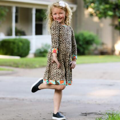 AnnLoren Little & Big Girls Long Sleeve Leopard Rose Fall Floral Dress Boutique alternate image