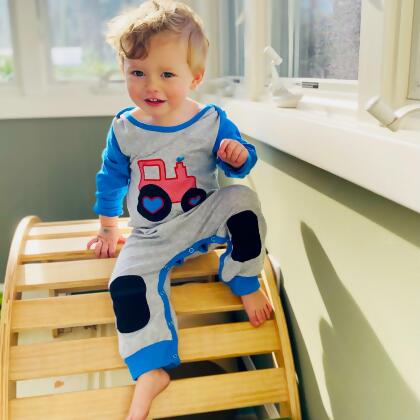 AnnLoren Baby Toddler Boys Long Sleeve Truck Romper Blue and Grey alternate image