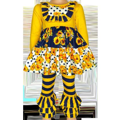 Girls Gold & Navy Floral Fall Long Sleeve Ruffle Shirt & Pants alternate image