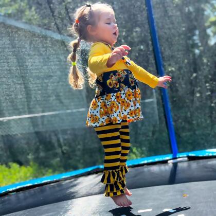 Girls Gold & Navy Floral Fall Long Sleeve Ruffle Shirt & Pants alternate image