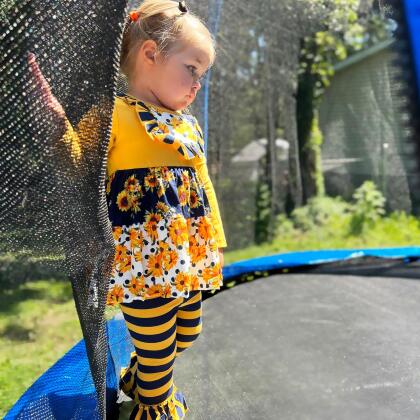 Girls Gold & Navy Floral Fall Long Sleeve Ruffle Shirt & Pants alternate image