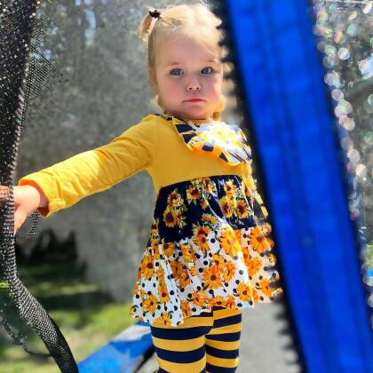 Girls Gold & Navy Floral Fall Long Sleeve Ruffle Shirt & Pants alternate image