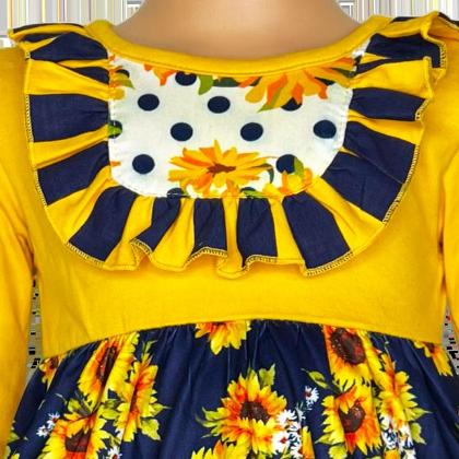 Girls Gold & Navy Floral Fall Long Sleeve Ruffle Shirt & Pants alternate image