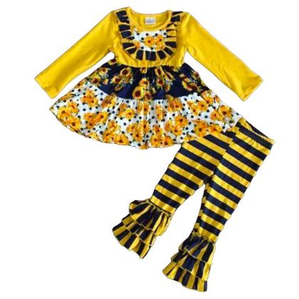 Girls Gold & Navy Floral Fall Long Sleeve Ruffle Shirt & Pants alternate image