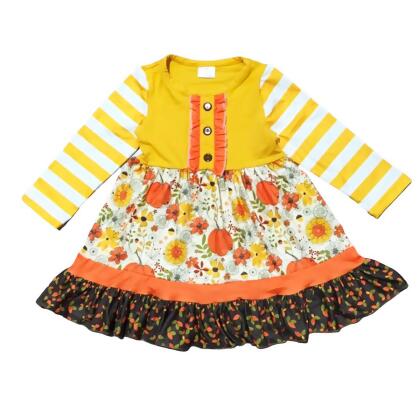 Girls Autumn Pumpkin Floral Cotton Knit Fall Long Sleeve Dress alternate image