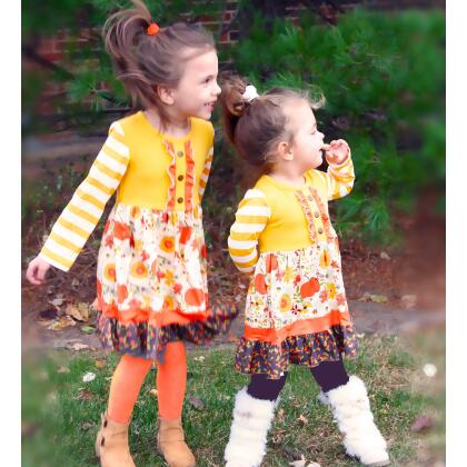 Girls Autumn Pumpkin Floral Cotton Knit Fall Long Sleeve Dress alternate image