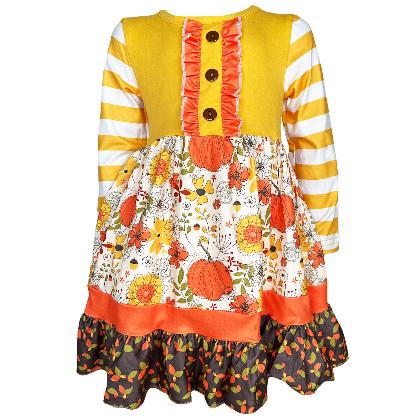 Girls Autumn Pumpkin Floral Cotton Knit Fall Long Sleeve Dress alternate image