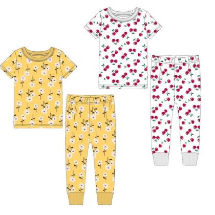 Yellow Flowers/Cherries 2 Pack Kids Shortsleeve Pajama sets 