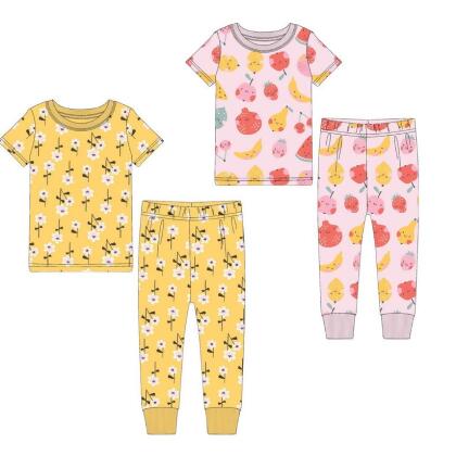 Yellow Flowers/Fruits 2 Pack Kids Shortsleeve Pajama sets 