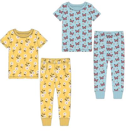 Yellow Flowers/Butterflies 2 Pack Kids Shortsleeve Pajama sets 