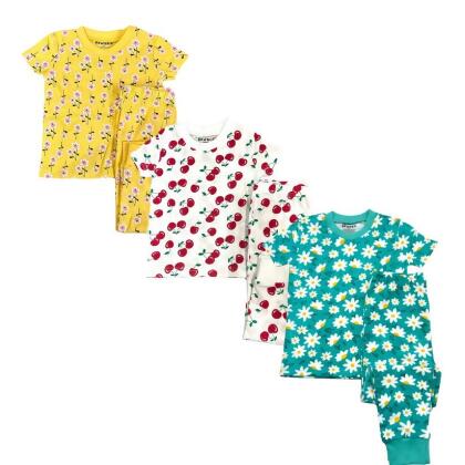 Yellow Flowers/Cherries/Sunflowers 3 Pack Kids Pajamas shortsleeve set 