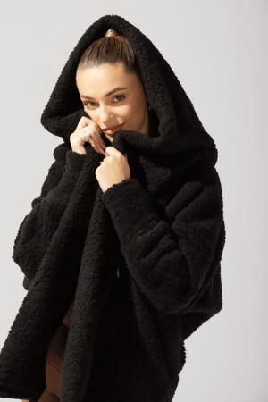 Faux Sherpa Cocoon Coat - Black alternate image