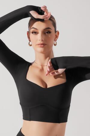 Sweetheart Long Sleeve Crop Top - Black alternate image