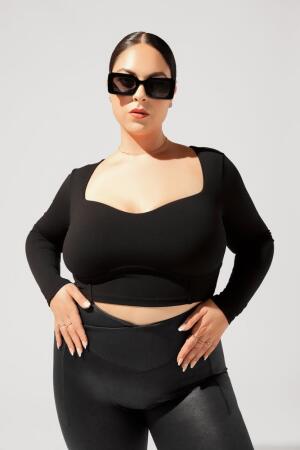 Sweetheart Long Sleeve Crop Top - Black alternate image