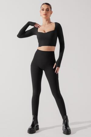 Sweetheart Long Sleeve Crop Top - Black alternate image