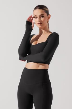 Sweetheart Long Sleeve Crop Top - Black alternate image