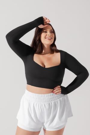 Sweetheart Long Sleeve Crop Top - Black alternate image