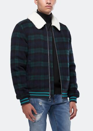 Konus Men's Wool Blend Plaid Jacket with Sherpa Collar in Green alternate image