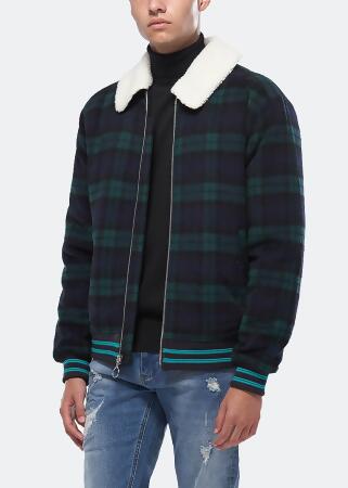 Konus Men's Wool Blend Plaid Jacket with Sherpa Collar in Green alternate image