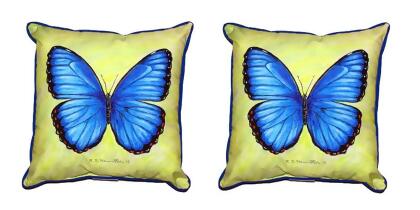 Pair of Betsy Drake Blue Morpho Small Pillows 12 Inch X 12 Inch 