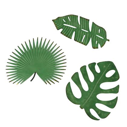 Set of 3 Antiqued Green Metal Tropical Leaf Wall Sculptures - Palmetto, Monstera, Banana Leaves, 17 Inches - For Living Room, Bedroom, Bathroom, Kitchen & Patio 
