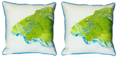 Pair of Betsy Drake Green Fish Large Indoor/Outdoor Pillows 18x18 