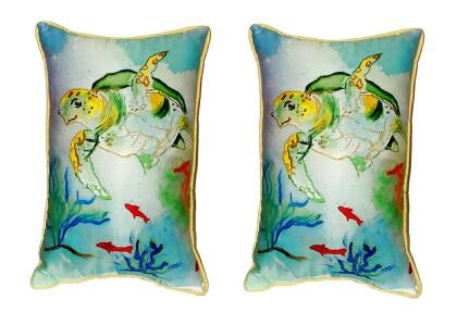 Pair of Betsy Drake Betsy’s Sea Turtle Large Pillows 15 Inch X 22 Inch 