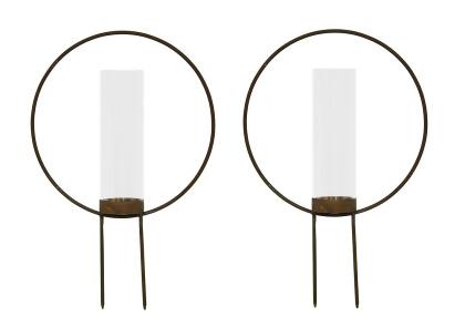 Set of 2 Rust Color Metal Hoop Outdoor Ground Candleholders 12 inch 