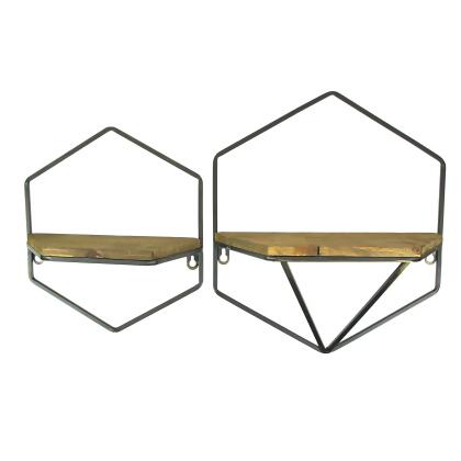 Set of 2 Rustic Wood and Metal Decorative Geometric Style Wall Hanging Floating Shelves for Stylish Display in Living Room, Bedroom, Kitchen, or Bathroom 
