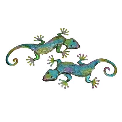 Pair of Vibrant 19.25-Inch Long Multicolor Stamped Metal Gecko Lizard Wall Décor Sculptures - For Indoor/Outdoor Artistry and Dynamic Tropical Ambiance 