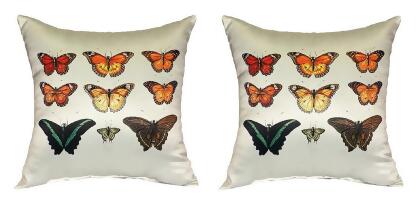 Pair of Betsy Drake Orange Butterflies Antique Print Pillows 18 Inch X 18 Inch 
