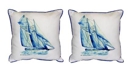 Pair of Betsy Drake Blue Sailboat Large Indoor/Outdoor Pillows 