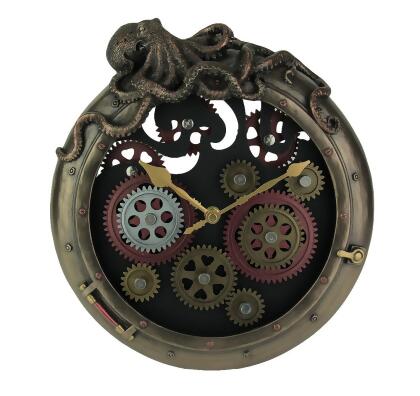 Steampunk Bronze Finish Octopus Porthole Wall Clock With Moving Gears 