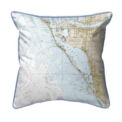 Betsy Drake Sarasota Bay, FL Nautical Map Large Corded Pillow 18x18 