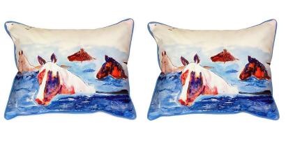 Pair of Betsy Drake Chincoteague Ponies Indoor/Outdoor Pillows 16 Inchx20 Inch 