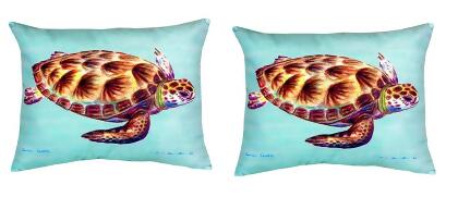 Pair of Betsy Drake Green Sea Turtle - Teal No Cord Pillows 16 Inch X 20 Inch 