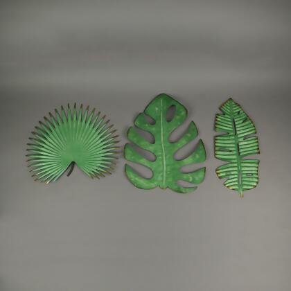 Set of 3 Antiqued Green Metal Tropical Leaf Wall Sculptures - Palmetto, Monstera, Banana Leaves, 17 Inches - For Living Room, Bedroom, Bathroom, Kitchen & Patio alternate image