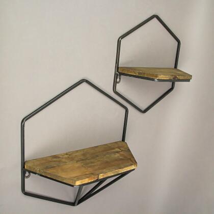 Set of 2 Rustic Wood and Metal Decorative Geometric Style Wall Hanging Floating Shelves for Stylish Display in Living Room, Bedroom, Kitchen, or Bathroom alternate image