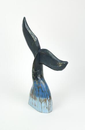 Exquisite Coastal Blue Carved Wooden Whale Tail Sculpture - 16-Inch High Tabletop Statue Ideal for Nautical Home Decor, Beach Houses, and Coastal-Themed Spaces alternate image