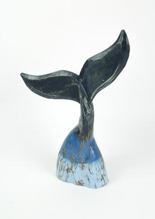 Exquisite Coastal Blue Carved Wooden Whale Tail Sculpture - 16-Inch High Tabletop Statue Ideal for Nautical Home Decor, Beach Houses, and Coastal-Themed Spaces alternate image